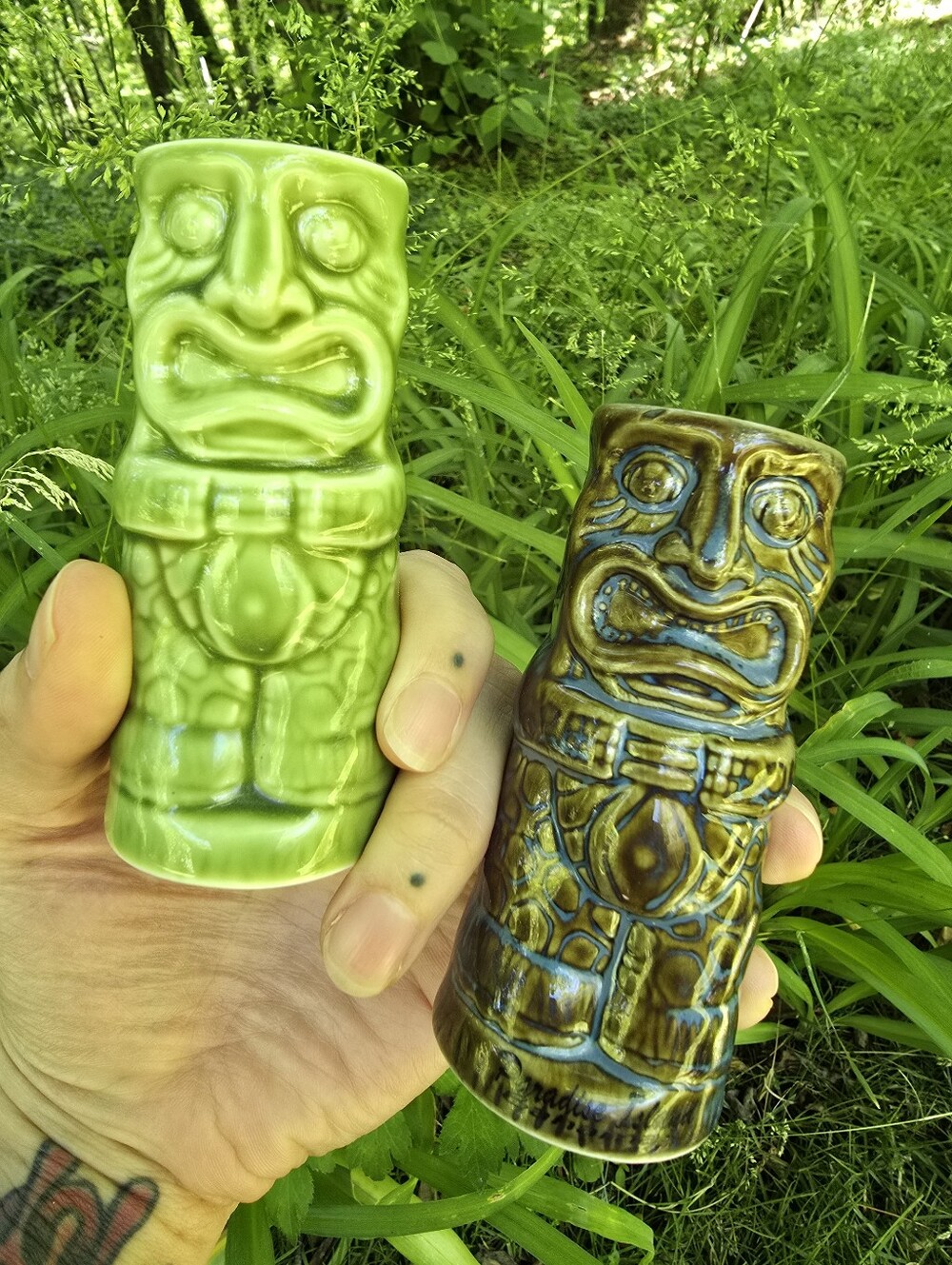Vintage Tiki Ceramic Mug Pair - Olive Green & Brown